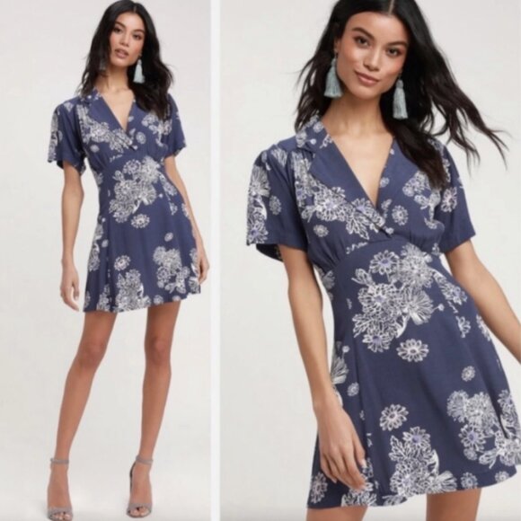 Free People Hawaii Washed Blue Floral Print Short Sleeve Mini Dress 47548 - Picture 1 of 16